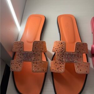 Hermes Orange Crystal-Embellished Oran Slide Sandals